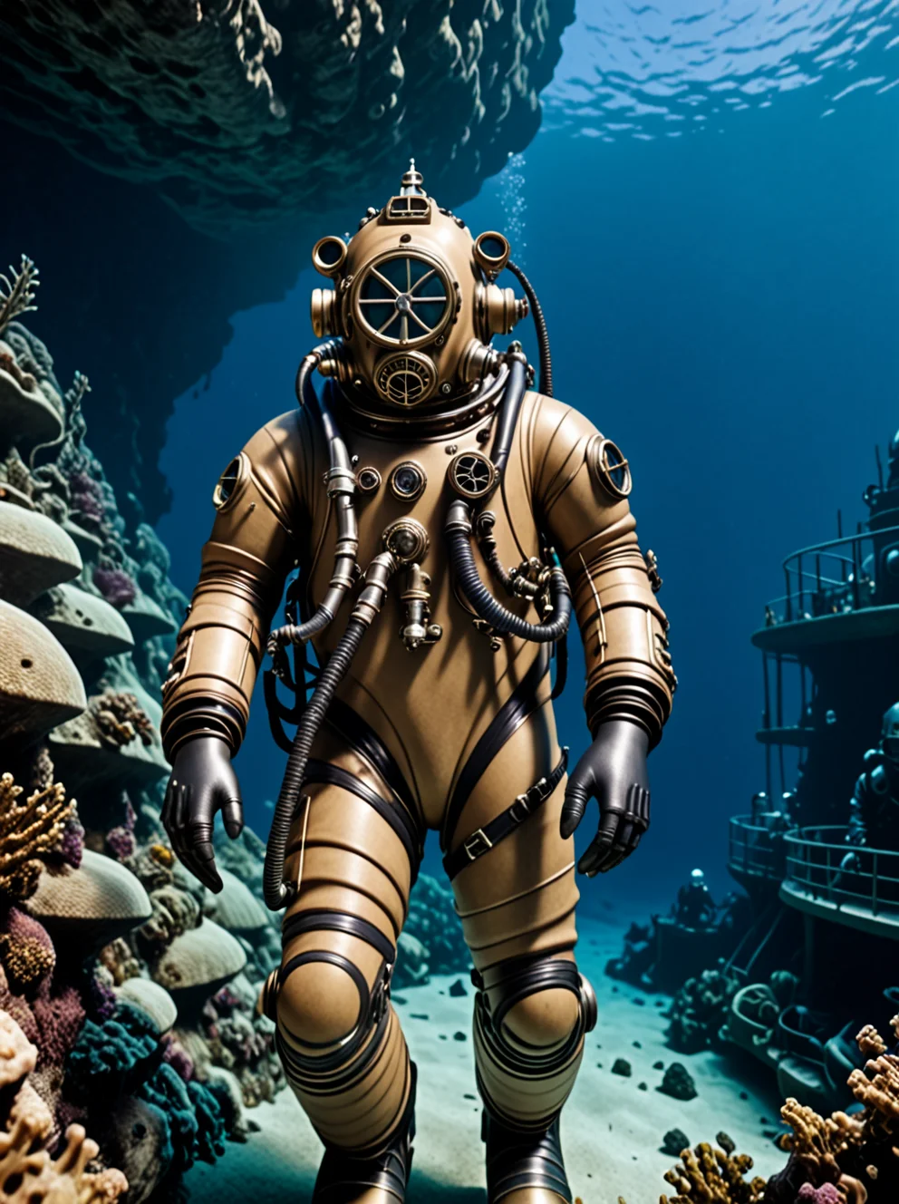 photo focus on science fiction solo focus, iunderwater outdoors,  realistic scenery,  spacesuit diving suit , breastplate , gas mask, looking at viewer ,  close-up,  <lora:Nautilus:.85>,powerarmor diving.suit. juliet sleeves, nautilus-style. very wide shot, beige, helmet, rocky cliff seabed, film, professional, 4k, highly detailed