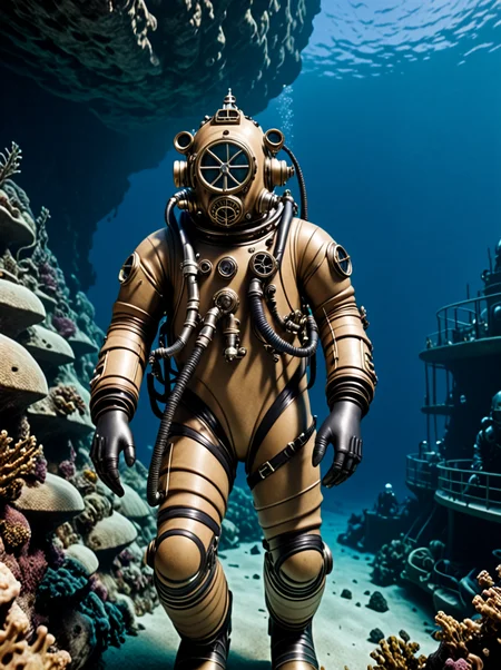 photo focus on science fiction solo focus, iunderwater outdoors, realistic scenery, spacesuit diving suit , breastplate , gas mask, looking at viewer , close-up, <lora:Nautilus:.85>,powerarmor diving.suit. juliet sleeves, nautilus-style. very wide shot, beige, helmet, rocky cliff seabed, film, professional, 4k, highly detailed