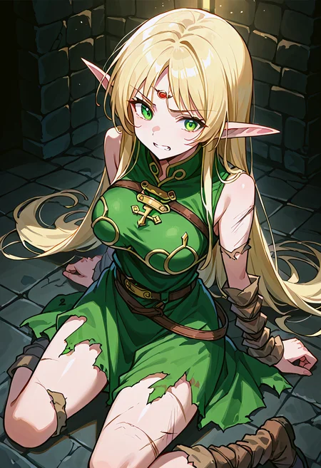 score_9, score_8_up, score_7_up, source_anime,
detailed eyes,
(simple background, black background, low lighting, dark theme, cinematic lighting:0.95),
black floor,
BREAK,
1girl, solo, cowboy shot,
<lora:Degen_Deedlit_v1:0.8>,
deedlit, circlet,
deedlit \(lodoss\), green eyes, large breasts, blonde hair, long hair, blue_eyes,
(elf ears: 0.5), elf, (pointy ears: 0.5),
((broken bow, broken arrows, torn clothes, torn armor)), 
damaged,
kneeling, from above,
green tunic, gold choker, arm_wraps, belt,
  sleeveless green tunic, bare shoulders,
<lora:Medieval_prison_warm_anime:0.8>,
Medieval prison,
dim lighting, fantasy, dark dungeon, night, (dark basement),
clenched teeth,