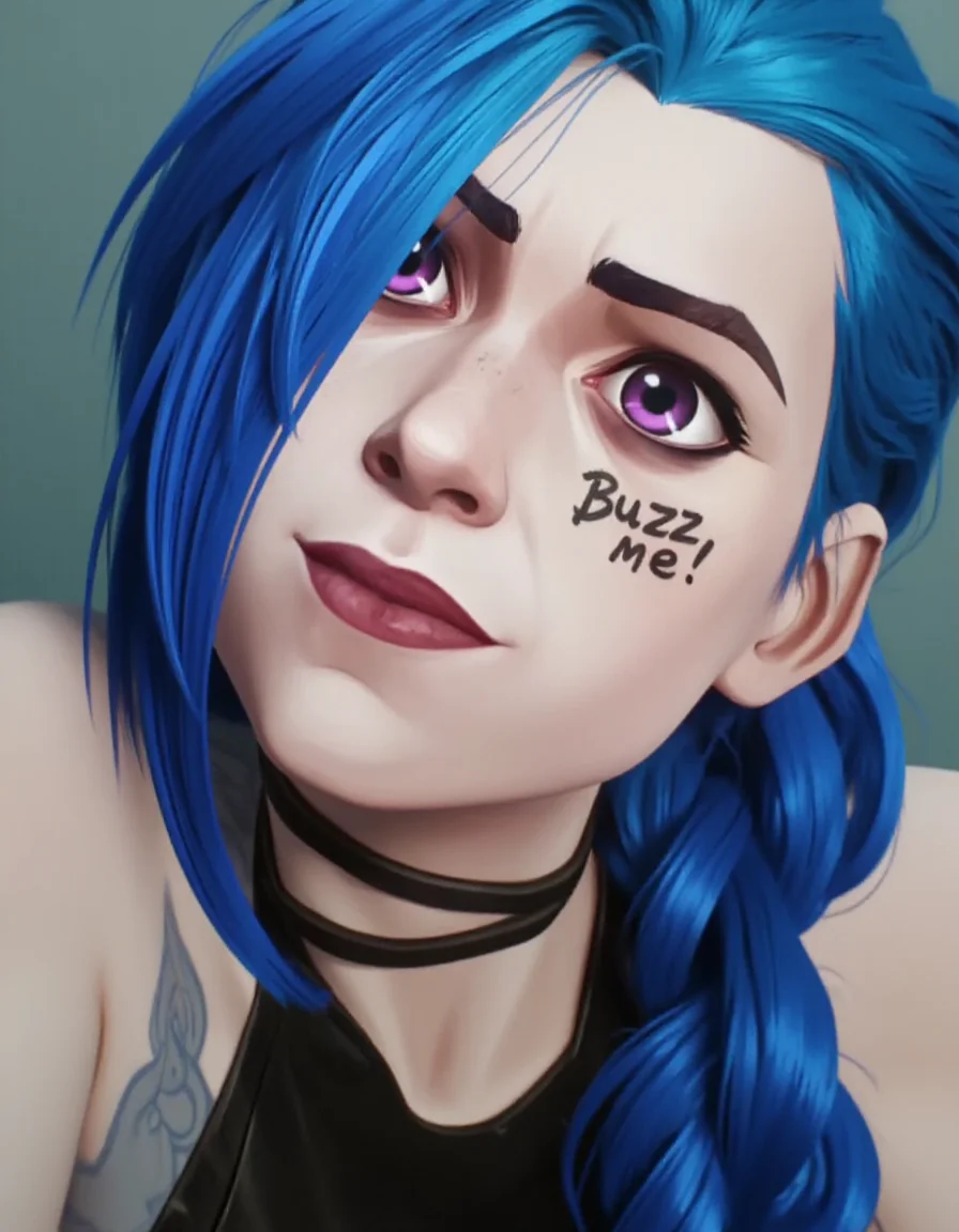Jinx, face portrait, digital art, absurdly long shiny blue hair in twin braids, asymmetrical bangs, purple eyes, red lipstick, mascara, looking at viewer and smiling, text "Buzz me!" written on her face, <lora:Jinx_Vi_Caitlyn_Mel_from_Arcane_mx_700150:0.95>