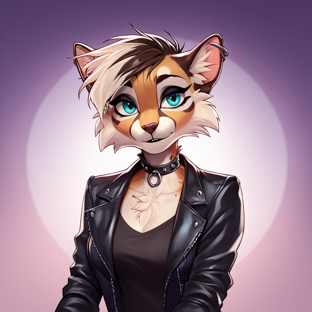 digital_media_(artwork) hi_res, score_9, score_8_up, score_7_up, score_6_up, score_5_up, score_4_up, rating_safe, beautiful, intricate, high quality details, highly detailed, amazing quality, anthro, furry, no humans, furry female, detailed textured fur, fur tufts, fluffy, cute, cute face, small, detailed sexy eyes, solo, SFW, ocelot, expressive, sassy, multicolored hair, streaked hair, absurdres, highres, shirt, denim pants, leather jacket, choker, clothed slim, clothed slender, clothed skinny, goth, heavy eyeliner, heavy eye shadow, breasts, vivid colors, by furlana