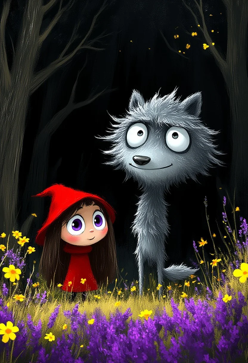 A whimsical illustration of Little Red Riding Hood with an enormous hooded head beside a thin wolf with a gigantic snout in dark whimsical art style, standing in a meadow with purple lavender and yellow daffodils, digital painting with dynamic brushstrokes showing flowing red cape and bristly wolf fur, dark twisted forest background, characteristic Tim Burton inspired design with Red's dinner-plate sized violet eyes contrasting the wolf's gleaming silver predatory stare