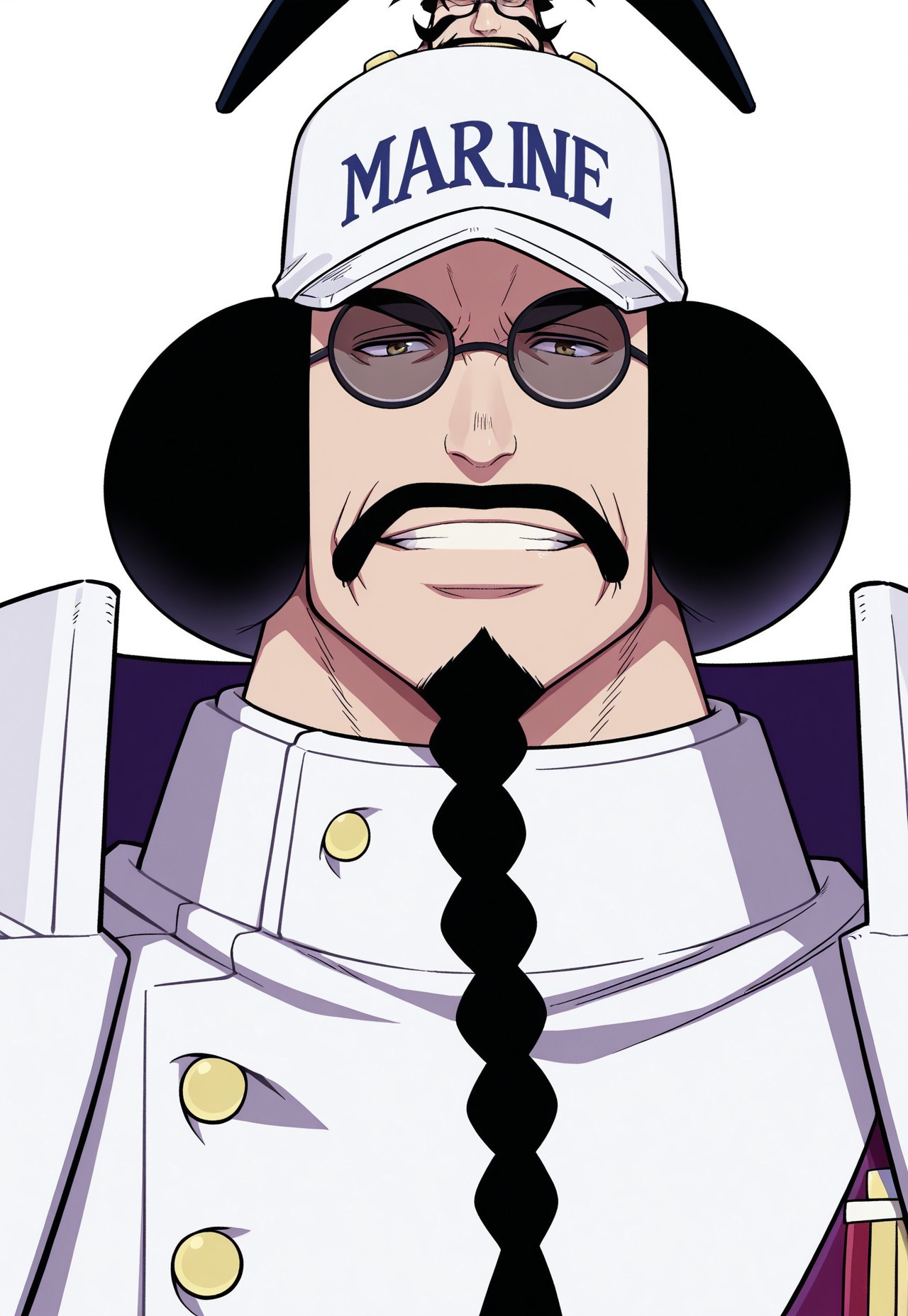 solo, masterpiece, modern, new, 1boy, male, masculine face, daddy looking face,

OPSengoku, black hair, mustache, braided beard, glasses, hat, white uniform, headshot, looking at viewer, smiling