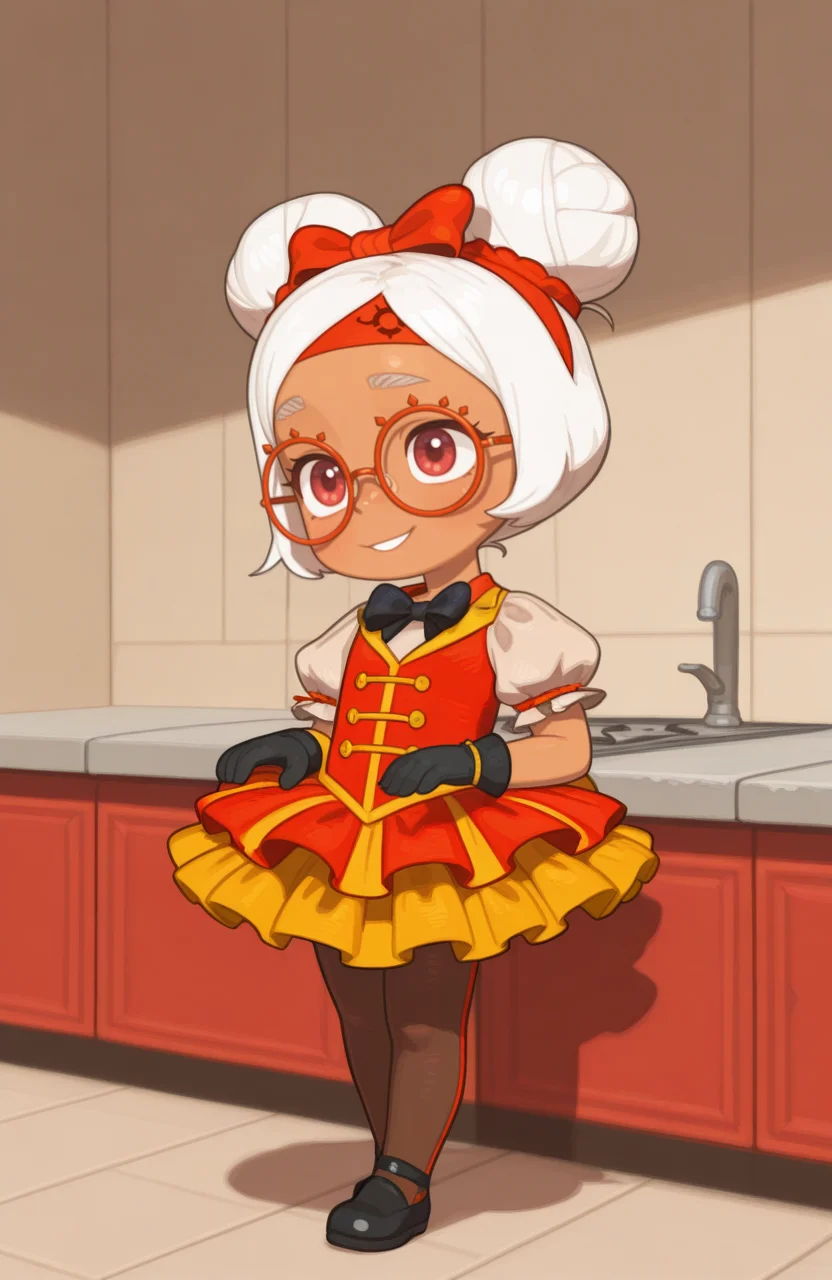 <lora:anatomy_helper:0.8> 1girl, solo, full body, <lora:PossumMachine_v2:0.9> possmach,
<lora:LilPurah-IL:0.8> prhmini, red eyes, red-framed eyewear, red-framed eyewear, dark-skinned female, white hair, double bun, chibi, circus costume, layered tutu, pantyhose, bow tie, gloves, headband,
cliff, sits atop a kitchen counter, swinging their legs playfully, with a bright smile and a carefree attitude, extremely detailed, highres, masterpiece, best quality