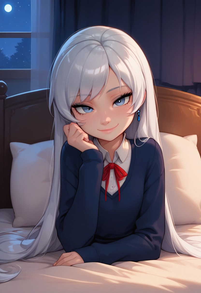 masterpiece,best quality, highly detailed, score_9, score_8_up, score_7_up, score_6_up,source_anime, 
BREAK,  1girl, Weiss Schnee, voluminous white hair, very petite, school uniform, hair down, very long hair, loose hair, casual, cozy, cute, no makeup, night, relaxed, bedroom, sat on bed, crossed folded, night, ((sleepy smile)), white shirt
