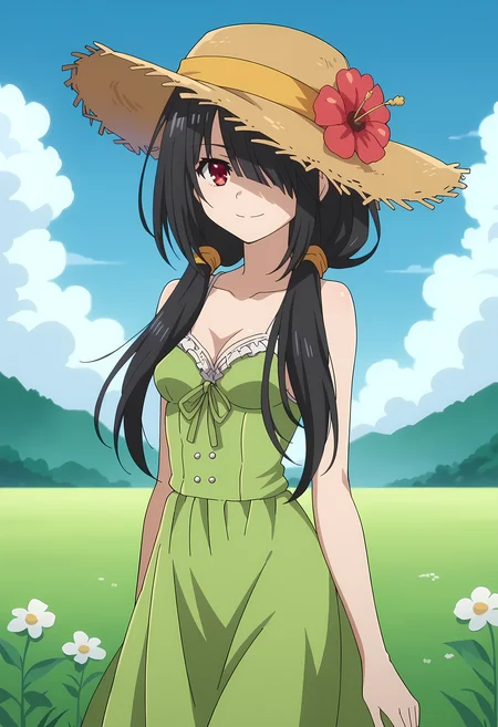 score_9, score_8_up, score_7_up, source_anime, 2d, Kurumi Tokisaki, 1girl, black hair, low twintails, red eye, covered eye, medium breasts, yellow hairband, anime coloring, anime screencap, detailed eyes, zPDXL, perfect faces, uncensored, rating_explicit, <lora:kurumi_tokisaki_0-000035:0.8>, flower dress, straw hat, smile, grass, wind lift,