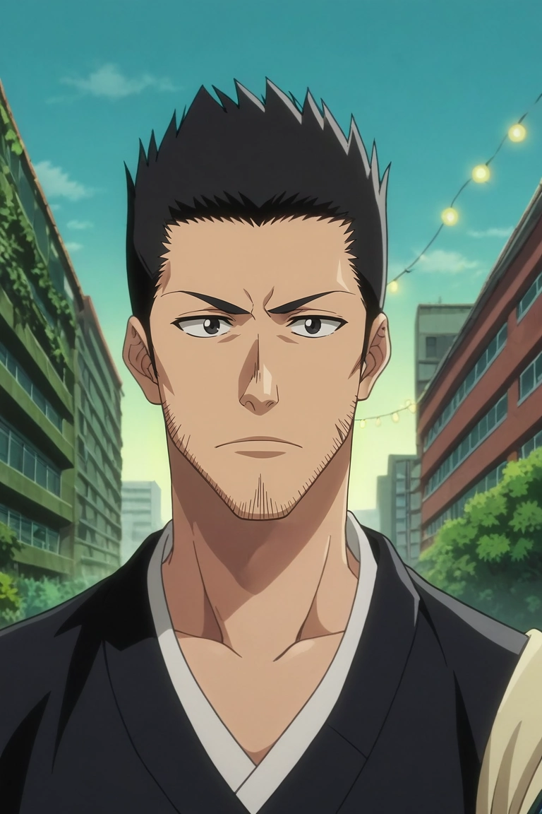 score_9, score_8_up, score_7_up, source_anime, rating_safe, intricate details, anime screencap, anime coloring, , , 1boy, solo, male focus, <lora:isshin_kurosaki_pony:0.96>, isshin_kurosaki, black hair, black eyes, short hair, spiked hair, facial hair, stubble, beard, urban rooftop garden, green plants, string lights, distant skyline, tending pose, calm expression, soft evening glow, , <lora:sdxl_lightning_8step_lora:1>