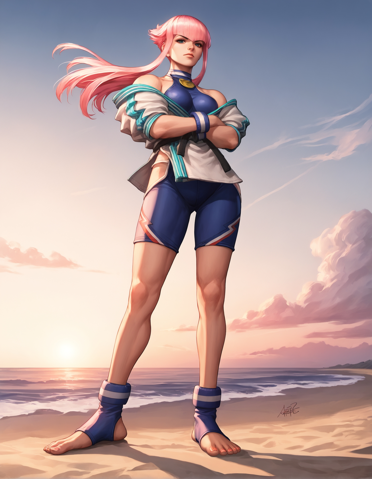 score_9, score_8_up, score_7_up,score_6_up,high resolution,mnon,mnon hair,source_anime,pink hair,1girl,solo,full body,jacket,bodysuit,bracelet,at beach,toeless legwear,volumetric lighting,rim lighting,dof,dramatic shadow,chiaroscuro,standing,crossed arms,looking at viewer