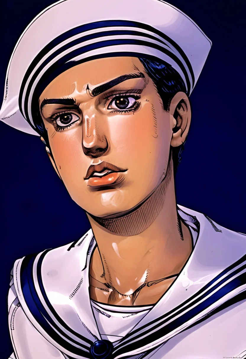 best quality, close view, upper body, sailor man in white and blue sailor suit with serious face expression , dark blue background, by araki hirohiko, <lora:araki_hirohiko-000009:0.7>