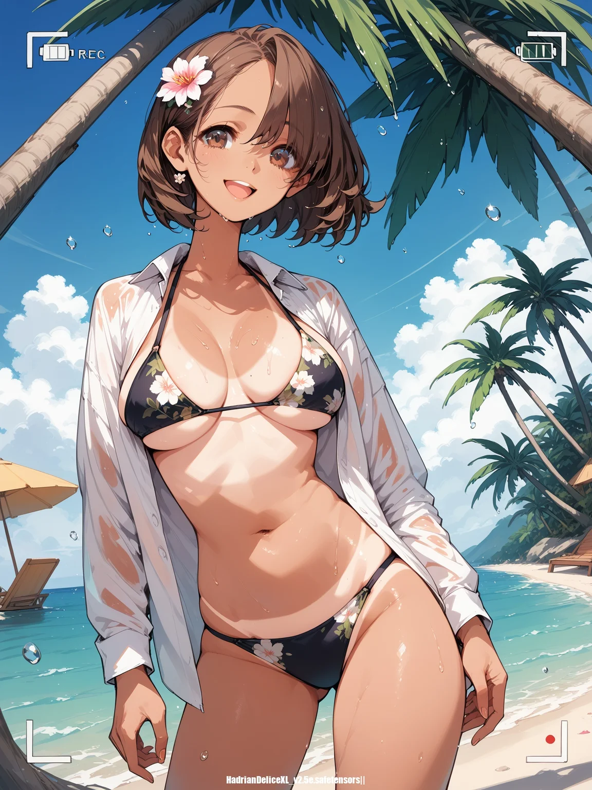 scorce_9,score_8_up,score_7_up,score_6, ,, viewfinder,chat_log, 1girl, hair flower,white shirt,open shirt,tan,tanlines, large breasts, beach,black string bikini, brown hair, brown eyes, skindentation, smile,floral print,palm tree,open mouth,, hair twirling,instagram, wet,wet hair,water drop, open mouth,