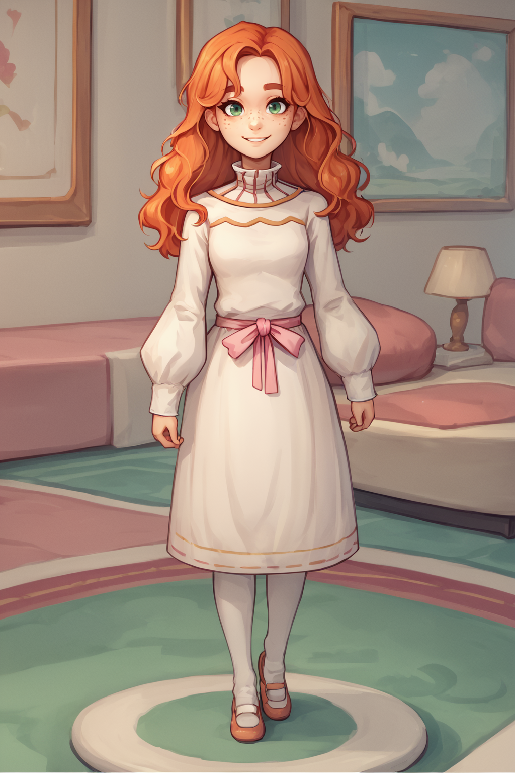 score_9, score_8_up, 1girl, NSGingerPortia, freckles, ginger hair, <lora:NSGingerPortia:1>, white dress, pink ribbon, long sleeves, puffy sleeves, high collar, looking at the viewer, full body shot, living room background, slight smile