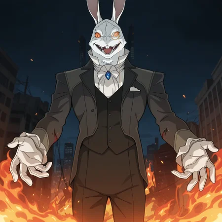 masterpiece, best quality, amazing quality, whit3r4bbit, male, humanoid, solo, rabbit mask, rabbit ears, orange sclera, slit pupils, buck teeth, stitches, monocle, black suit jacket, black vest, buttons, blue necklace, white cravat, white gloves, black pants, black shoes, standing, outstretched arms, insane smile, wide-eyed, open mouth, outdoors, night, city, fire, destruction