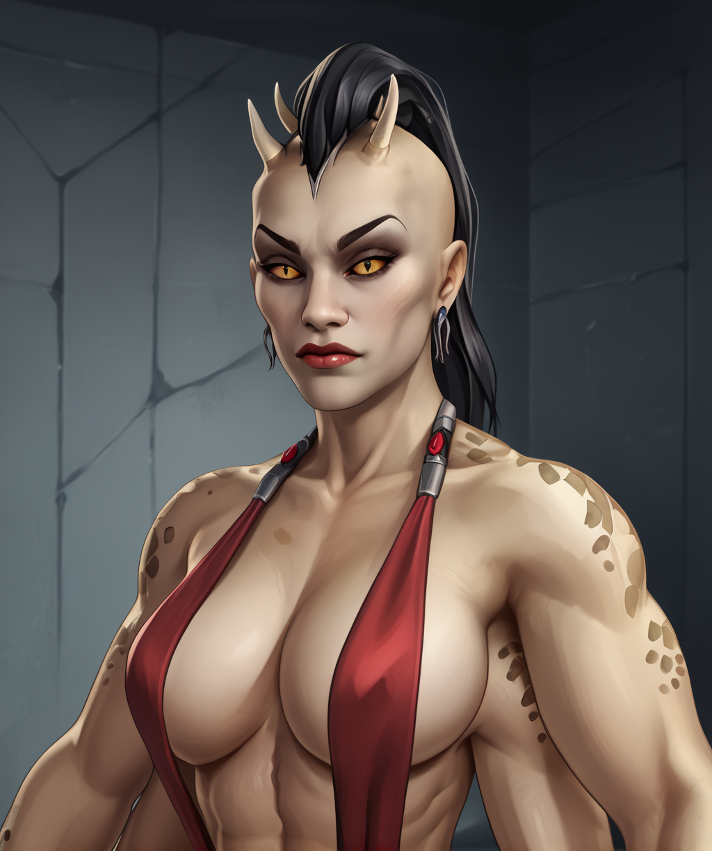 score_9, score_8_up, score_7_up, score_6_up, score_5_up, score_4_up, 
shvamkxl, 4 arms, yellow eyes, black hair, mowhawk, ponytail, makeup, small horns, tattoo, 
upper body, looking at viewer, 
slingshot swimsuit, earrings, 
dungeon, solo, indoors, 
<lora:Sheevamk9xl:1>,