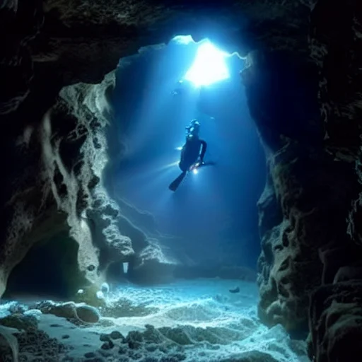 Deep sea, bottom, underwater cave, scuba diver shines a flashlight