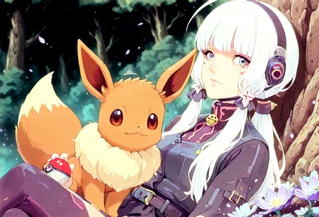 <lora:ck-shadow-circuit-IL:0.78>,
masterpiece, best quality, good quality, very aesthetic, absurdres, newest, 8K, depth of field, focused subject,
dynamic angle, manga, anime, ink sketch, dynamic angle, dutch angle, wabi sabi, 1girl trainer, holding a pokeball, Eevee pokemon (creature) sitting on her lap, looking at viewer, relaxing, motion lines, bronze palette, background trees and forest with floating flower petals in the wind
<lora:MoriiMee_Gothic_Niji_Style_Illustrious_r1:0.45>
<lora:ck-nc-cyberpunk-IL-000011:0.4>
<lora:ck-neon-retrowave-IL:0.2>
<lora:ck-70s-scifi-IL:1>