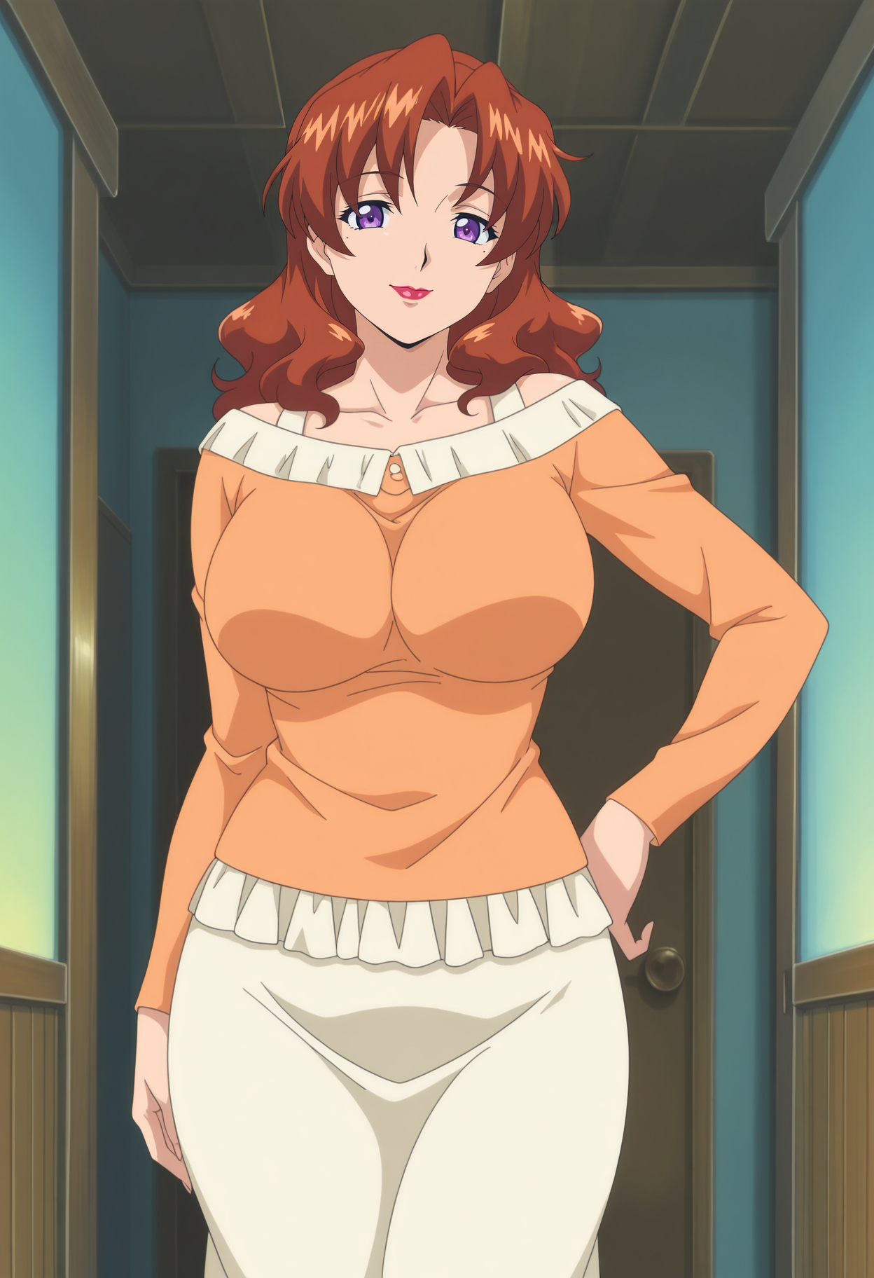 1girl,solo,mm,mature female,brown hair,long hair,mole under eye,purple eyes,lipstick,large breasts,anime coloring,
shirt,skirt,hand on own hip,cowboy shot, looking at viewer, smile,indoors
,masterpiece,best quality,amazing quality,<lora:Minato_SAKURABA-Wife_with_Wife:0.8>