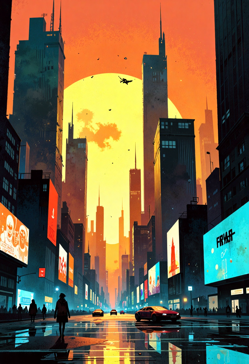 ppstorybook,A futuristic cityscape at sunset, with towering glass skyscrapers reflecting golden light, flying cars weaving through the air, and holographic billboards glowing vibrantly in every corner, rendered in sleek, high-contrast cyberpunk style with bold neon accents.