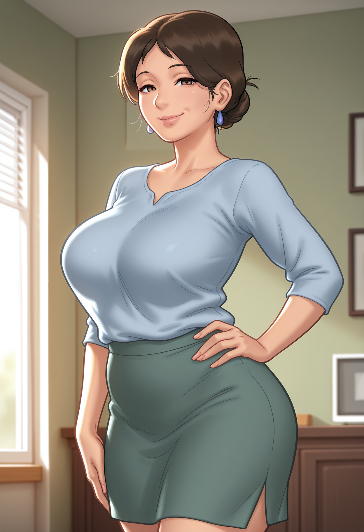 1girl,solo,mature female,hair bun,breasts,
shirt,skirt,cowboy shot,hand on own hip,looking at viewer,smile,indoors,
,masterpiece,best quality,amazing quality,<lora:Summertime_Saga-style_ix:0.8>