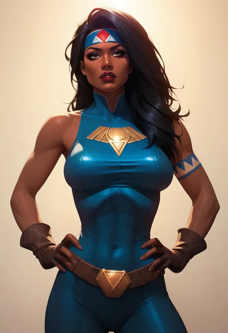 score_9, score_8_up, score_7_up, score_6_up, dskheroes, 1girl, solo, long hair, large breasts, black hair, gloves, belt, dark skin, dark-skinned female, lips, bodysuit, covered navel, makeup, headband, lipstick, skin tight, hands on hips, superhero, native american , cinematic lighting, natural lighting,
