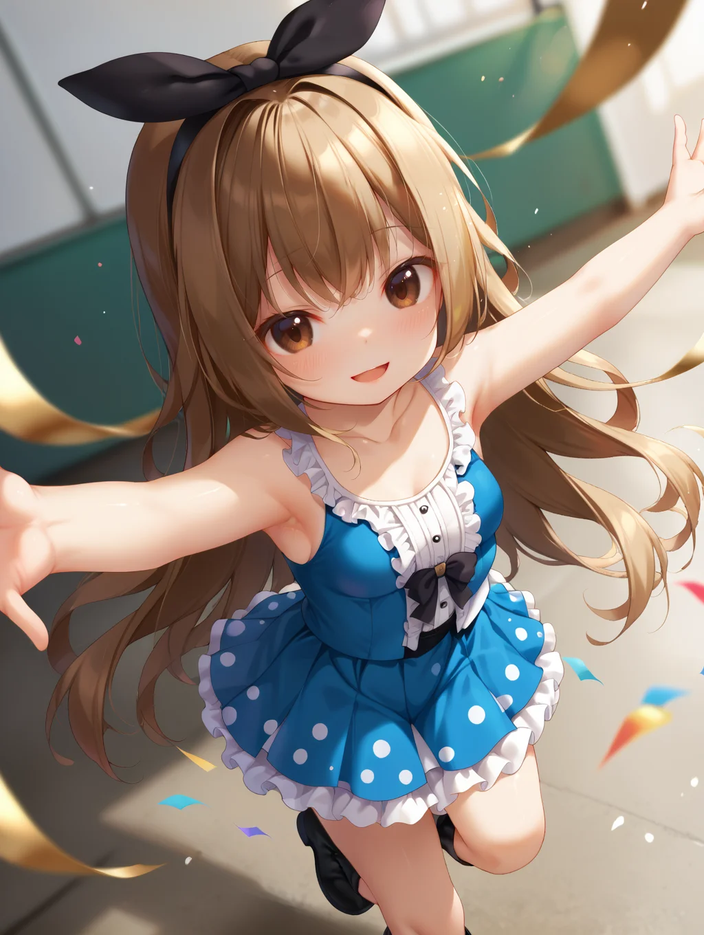 1girl,
dynamic angle, depth of field, solo, breasts, blurry foreground, boots, outstretched arms, blurry background, frills, standing on one leg, long hair, brown hair, small breasts, blush, black hairband, spread arms, black footwear, sleeveless, sleeveless shirt, armpits, blue skirt, white shirt, :d, bare shoulders, shirt, skirt, standing, very long hair, frilled skirt, brown eyes, smile, pleated skirt, open mouth, hairband, collarbone, looking at viewer, bare arms,
A young girl with long blonde hair and a black bow on her head. she is wearing a blue dress with white polka dots and black boots. the girl has a big smile on her face and her arms are stretched out to the sides. the background is filled with colorful confetti and streamers, creating a festive atmosphere. the overall mood of the image is cheerful and playful.
score_9, score_8_up, score_7_up, source_anime
<lora:style017:0.8>