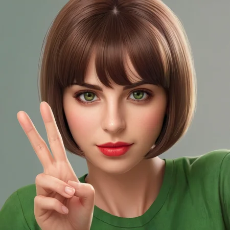 Hyperrealistic art of  <lora:Marie Claude Bourbonnais:1.2>
Marie Claude Bourbonnais a cartoon Green_Eyes Short_Brown_Hair Red_Lips woman with a peace sign in her hand Anime Manga Girl, Extremely high-resolution details, photographic, realism pushed to extreme, fine texture, incredibly lifelike
