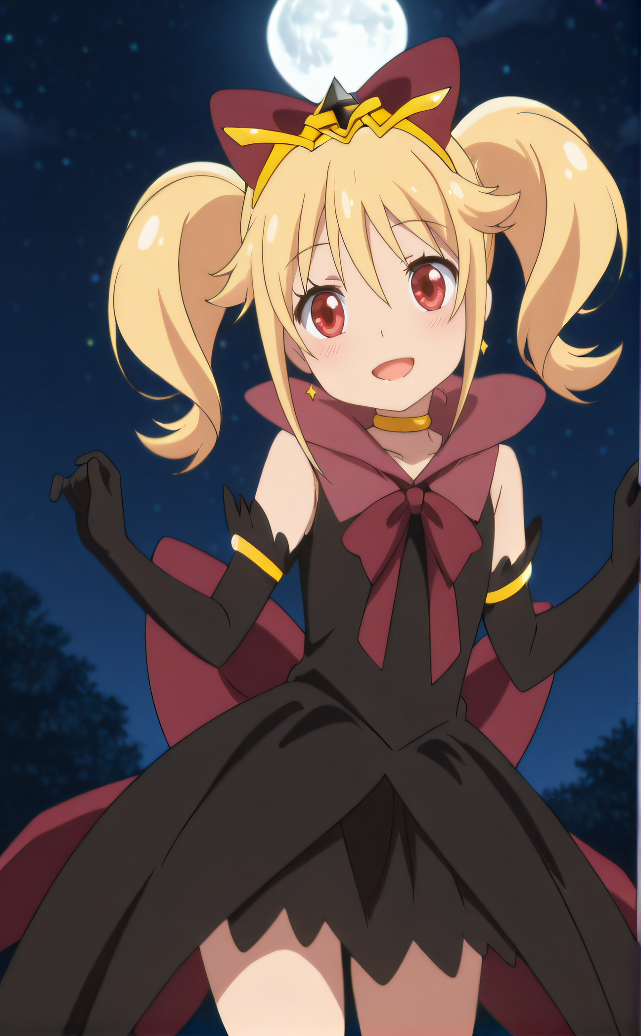 masterpiece, best quality, highres, newest, 1girl, solo, official style, anime screencap, <lora:Black_Magical_Girl:1>, blackmagicalgirl, magical girl, black dress, bow, looking at viewer, smile, night, moon, outdoor, cowboy shot, blonde hair, twintails, red eyes, hands up, open mouth