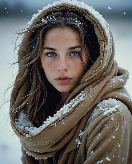 Lying on the ground, hidden behind a blue felt scarf and a large mink fur hood, you can see a young woman with slanted black eyes, open coat, some strands of hair being lifted by the wind, icy environment, snow on the face, cold, full body image, (Steve McCurry, Annie Leibovitz), high contrast, side light, ocher tones, photographic quality, 4K