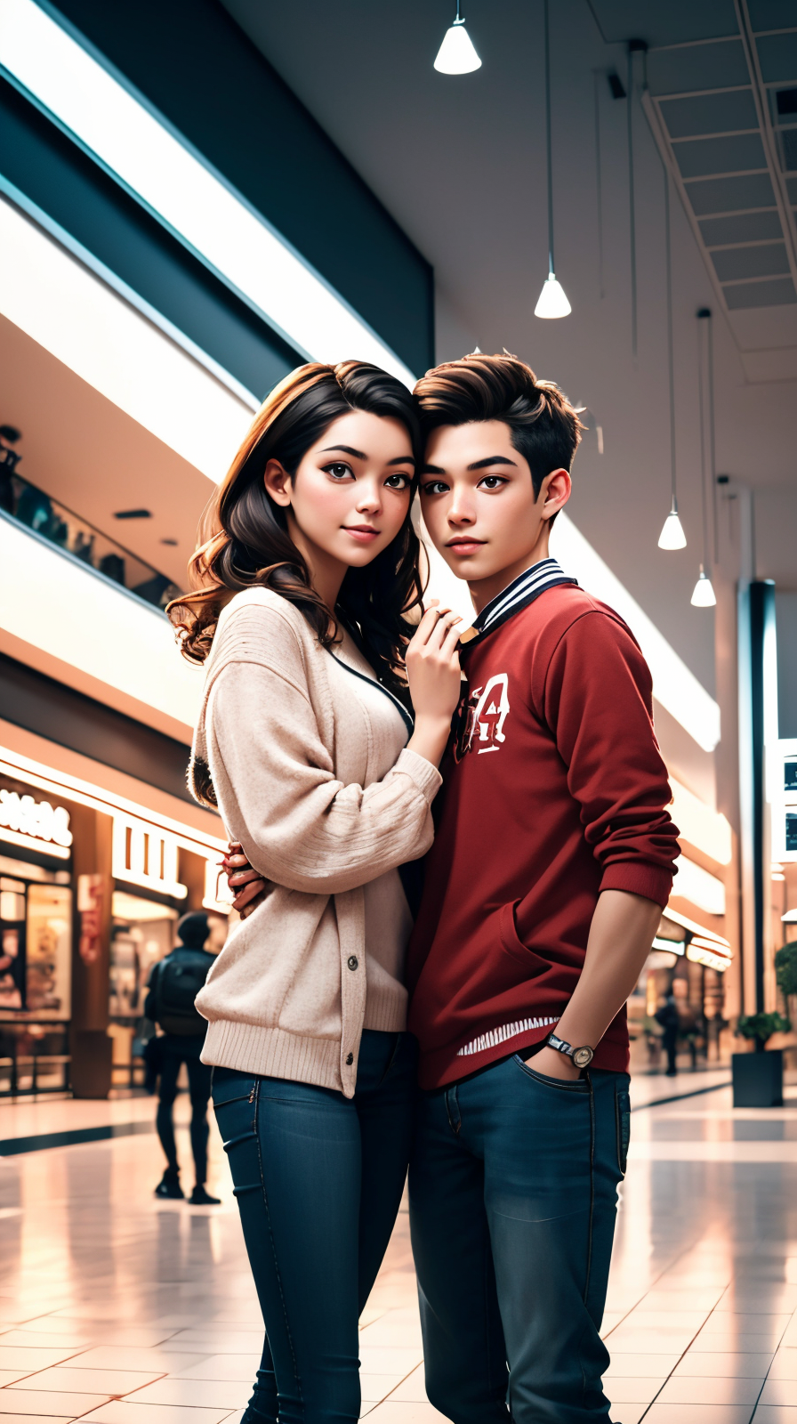 portrait of  couple 1girl and 1boy making a selfie, mall scene in background <lora:ToonMall:1>