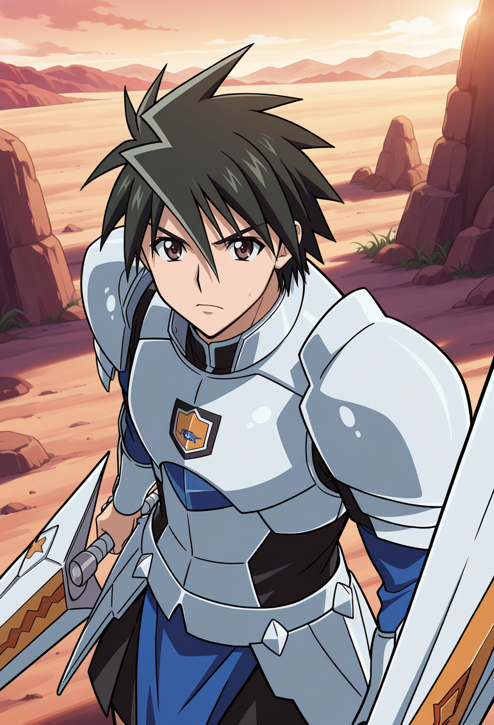 masterpiece, best quality, high quality, anime, solo, 
 <lora:AEKazuki_1:1> 
AEKazukiDef, brown eyes, black hair, hair between eyes, spiked hair, shining armor, holding lance, huge weapon,