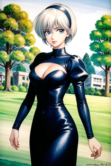takada akemi,

yorha no. 2 type b,

1girl, black dress, black hairband, breasts, cleavage, dress, hair over one eye, hairband, lips, long sleeves, looking at viewer, medium breasts, mole, mole under mouth, puffy long sleeves, puffy sleeves, short hair, signature, solo, white hair, blue eyes, outdoors, grass, trees, ruins,

1980s \(style\), painting \(medium\), retro artstyle, watercolor \(medium\),

<lora:takada_akemi_offset:0.85>   <lora:yorha_noDOT_2_type_b:0.5>