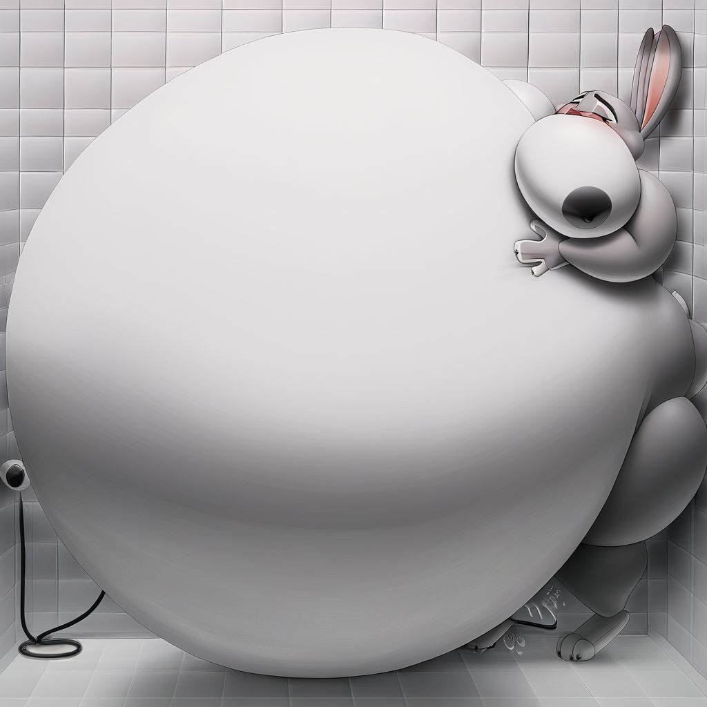 belly size bigger than main body)), (gigantic belly:2.0), goddess, shower, bathroom, cute, nervous, shy, heavy breathing, in heat, open mouth, aroused, hands on belly, hose leading into butt from air pump on ground, huge Belly press on mirror, Judy Hopps
