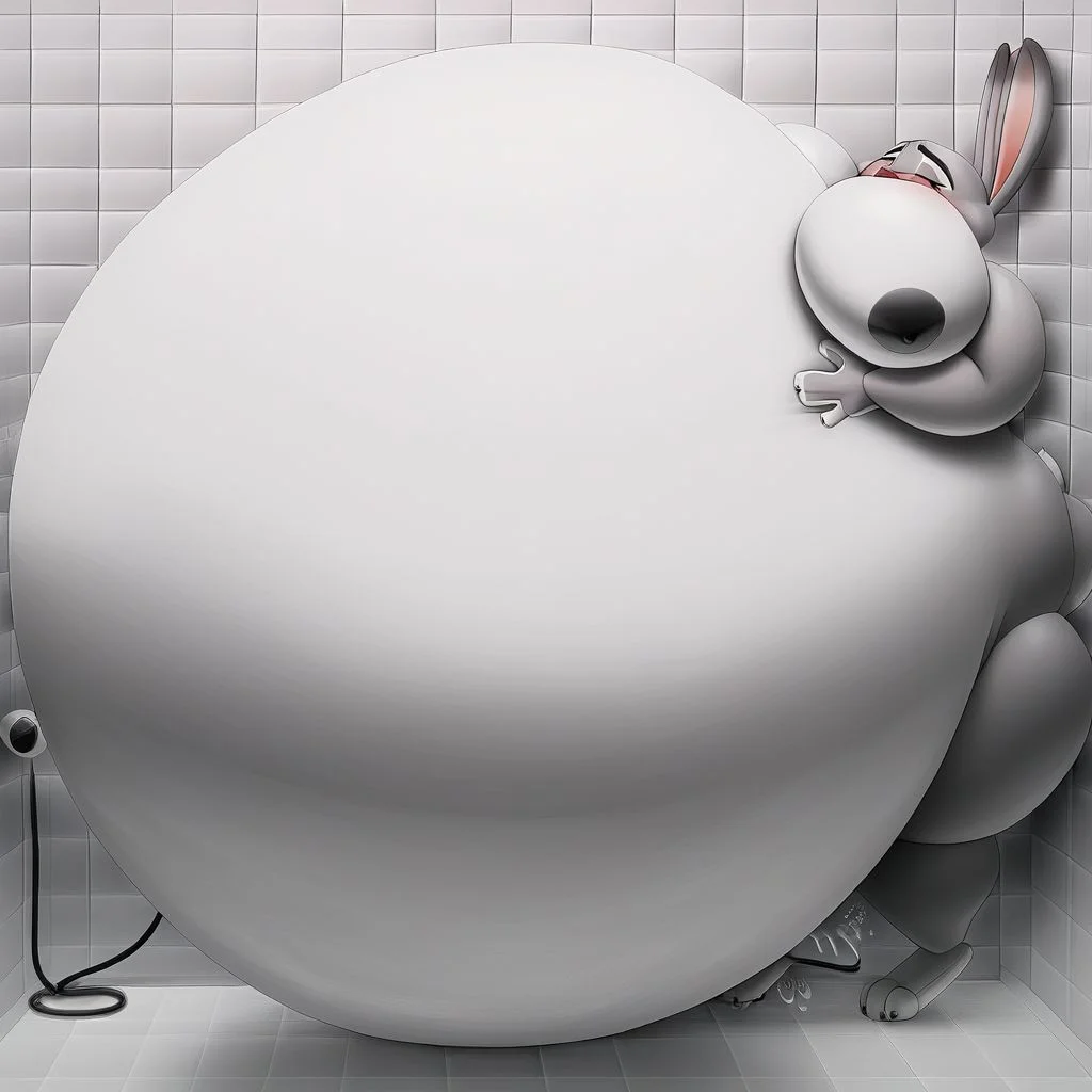 belly size bigger than main body)), (gigantic belly:2.0), goddess, shower, bathroom, cute, nervous, shy, heavy breathing, in heat, open mouth, aroused, hands on belly, hose leading into butt from air pump on ground, huge Belly press on mirror, Judy Hopps