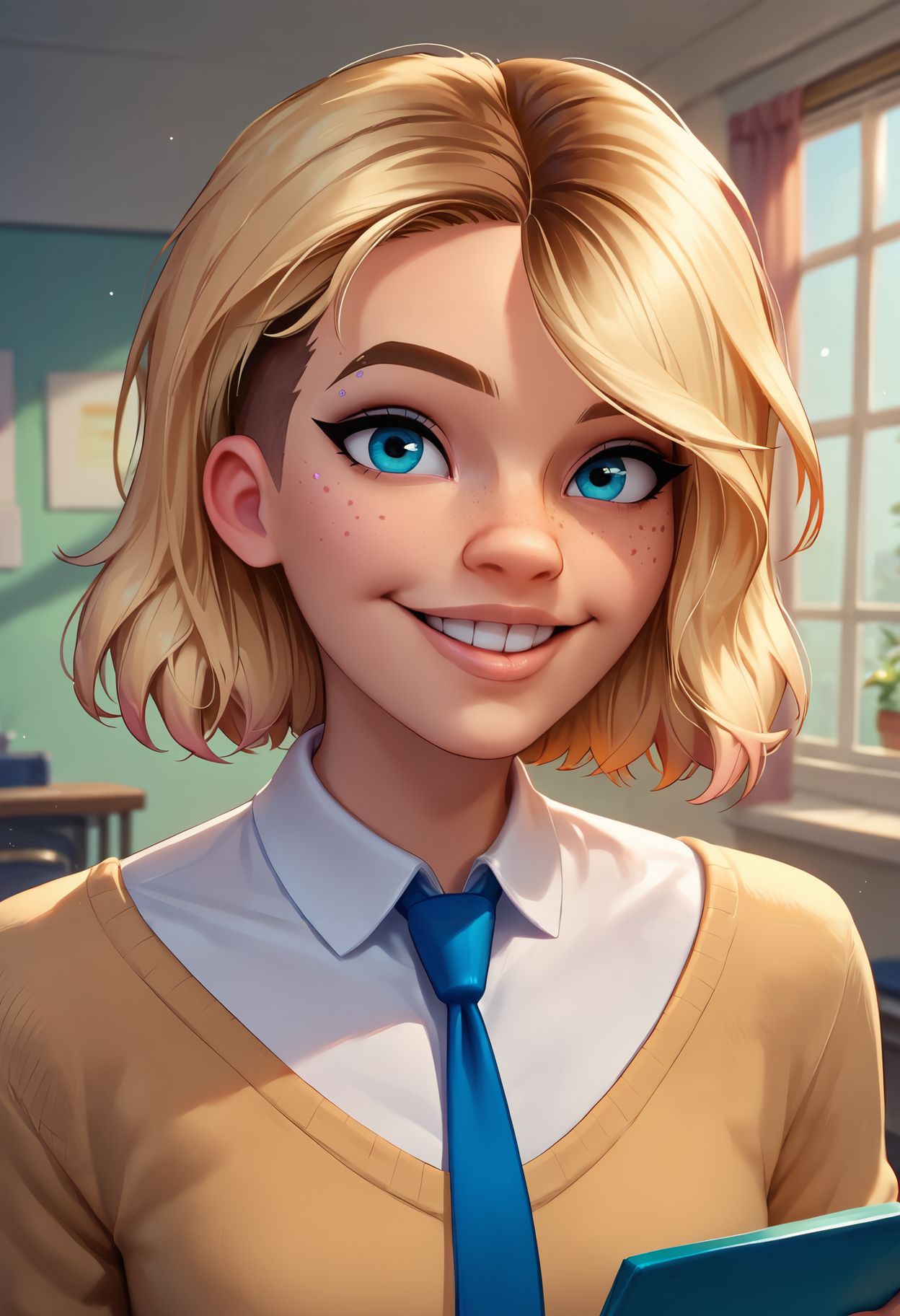 score_9,score_8_up,core_7_up, <lora:gwen_stacy_pdxl_v1_goofy:1>gwen stacy, 1girl, solo, necktie, looking at viewer, shirt, sweater, parted lips, collared shirt, upper body, holding, white shirt, blue necktie, smile, indoors, lips, freckles, teeth