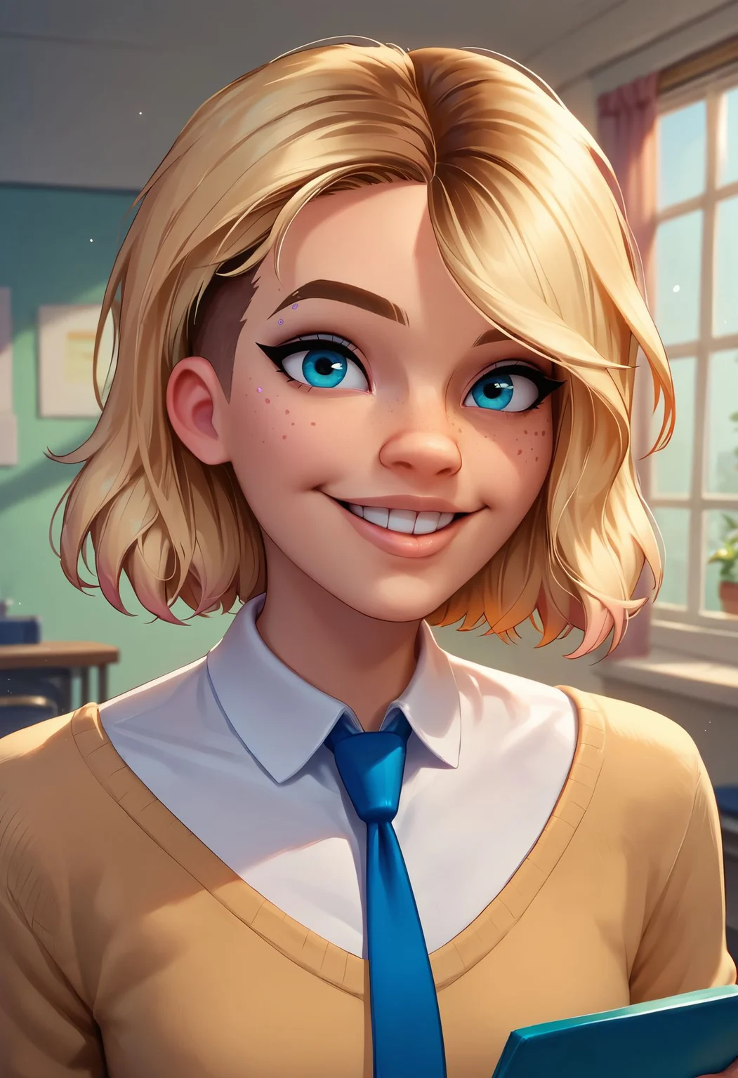score_9,score_8_up,core_7_up, <lora:gwen_stacy_pdxl_v1_goofy:1>gwen stacy, 1girl, solo, necktie, looking at viewer, shirt, sweater, parted lips, collared shirt, upper body, holding, white shirt, blue necktie, smile, indoors, lips, freckles, teeth