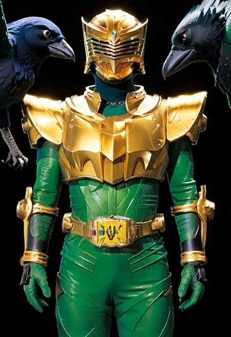 solo, crow, green bodysuit, gold armor, helmet, tokusatsu, rider belt, survive