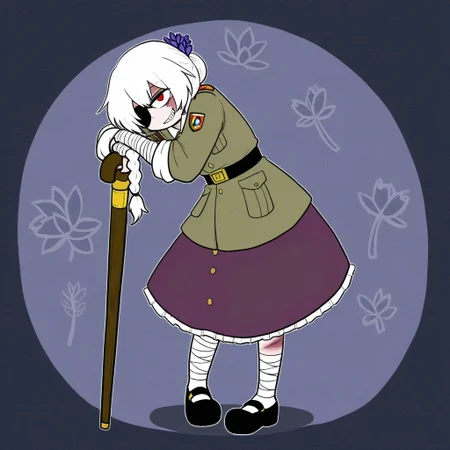 Sentaku-bune, BREAK, 1girl, solo, (tall, slanted eyes, red eyes, black plain eye patch, white hair, braid, hair over shoulder, (Hyacinth flower in hair:1.1), khaki military jacket, rolled sleeves black belt, gold buckle, frilly skirt, closed jacket, white shirt collar, purple skirt, (scars, burn scars,) bandages over neck, bandages over arms, bandages over legs, leg wraps, mary janes, black footwear, cane), standing, grin, leaning on cane, full body, floral background,