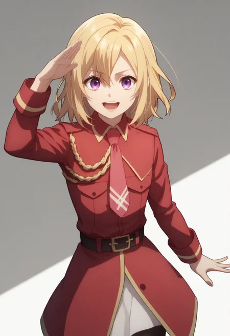 <lora:add-detail-xl:1>,<lora:Expressive_H-000001:1>,<lora:Jill_Savelle_v1.0_PONY-000028:1>,
anime coloring,ASCII score_9,score_8_up,score_7_up,
CDE_JE,1girl,solo,
blonde hair,hair between eyes,purple eyes,medium hair,
black pantyhose,pink necktie,red dress,belt,medium dress,military uniform,
simple_background,white_background,open mouth,:d,standing,smile,looking at viewer,cowboy_shot,salute