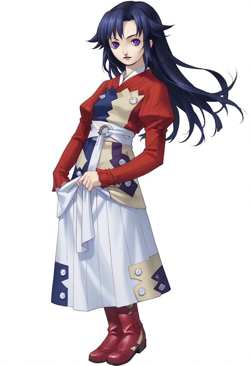 score_8, score_8_up, score_7_up, source_anime, BREAK kanekostyle, lipstick, eye shadow, eyelashes, 1girl, female focus, solo, Claret_SN, black hair, purple eyes, parted bangs, asymmetrical bangs, long hair, ribbed shirt, red shirt, apron, obi, sash, juliet sleeves, long sleeves, white skirt, long skirt, ankle boots, full body, standing, looking at viewer, simple background, white background