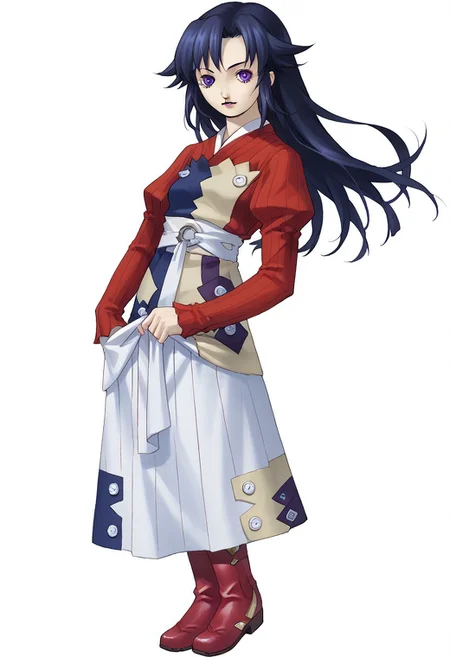 score_8, score_8_up, score_7_up, source_anime, BREAK kanekostyle, lipstick, eye shadow, eyelashes, 1girl, female focus, solo, Claret_SN, black hair, purple eyes, parted bangs, asymmetrical bangs, long hair, ribbed shirt, red shirt, apron, obi, sash, juliet sleeves, long sleeves, white skirt, long skirt, ankle boots, full body, standing, looking at viewer, simple background, white background