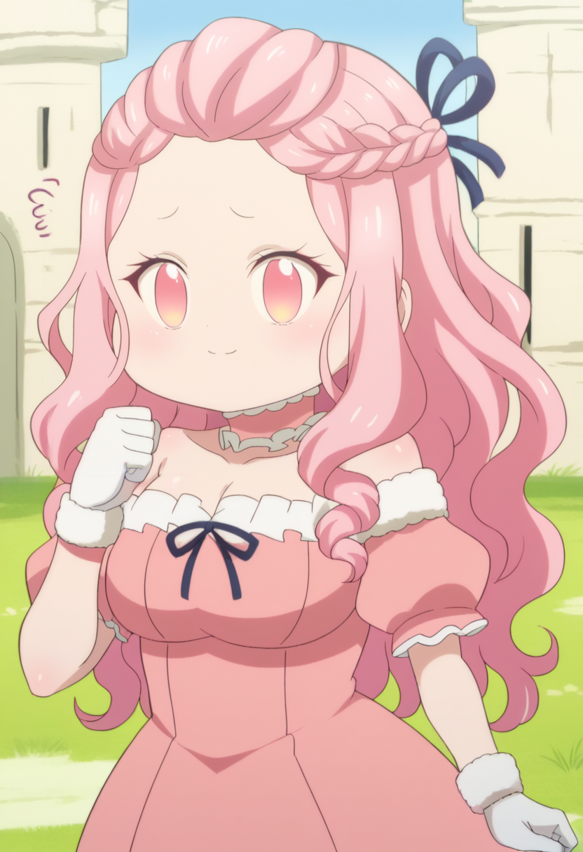 score_9, score_8_up, score_7_up, source_anime BREAK  cowboy shot, looking at viewer, solo, 1girl,
<lora:AliezeDwnstyPdxl:1>, Alieze_def, pink eyes, pink hair, curly hair, french braid, sidelocks, forehead, Alieze_def, pink eyes, pink hair, curly hair, french braid, sidelocks, forehead, pink dress, white gloves, fur trim, frilled choker, off shoulder, puffy short sleeves, bare shoulders,
 smile, <lora:7thprinceChibiDwnsty-000008:1>, chibi,  7thprincechibi, no humans, no pupils, jitome, hand up, clenched hands, 
outdoors, grass, blue sky, castle, confused,