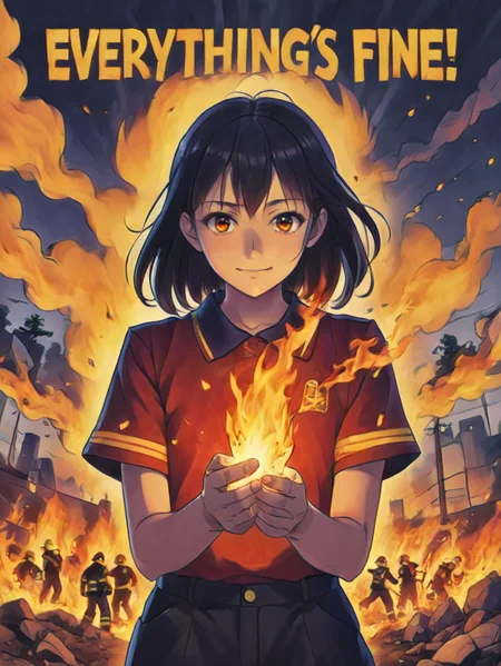 Poster. (text: "Everything's Fine!"). Fire. Anime.
<lora:RetroPop01_CE_SDXL:0.6> rtropopCE