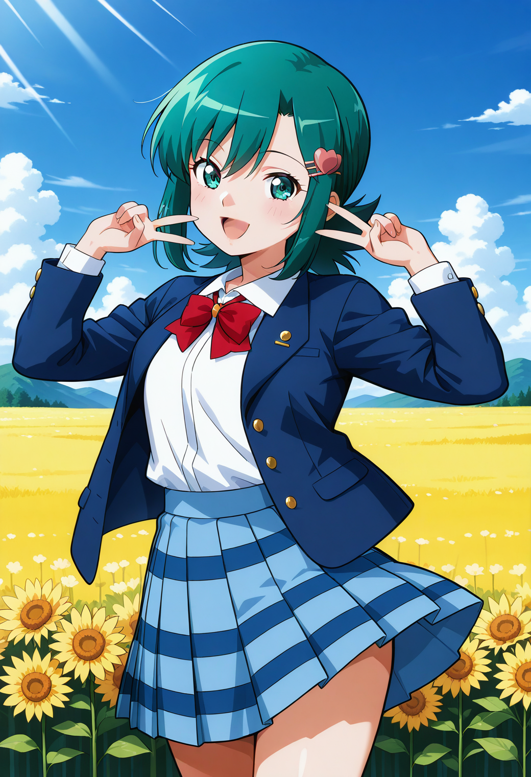 sr5_hinako, green eyes, green hair, short hair, hairclip, heart hair ornament, school uniform, red bowtie, blazer, long sleeves, blue jacket, open jacket, white shirt, collared shirt, blue skirt, plaid skirt, <lora:SR5_hinako_illustrious_ver1:0.8> 
smile,, masterpiece, best quality, general,, 1girl, solo, (field:1.2), (blue sky:1.2), looking at viewer,, (cowboy shot, dynamic pose:1.4),