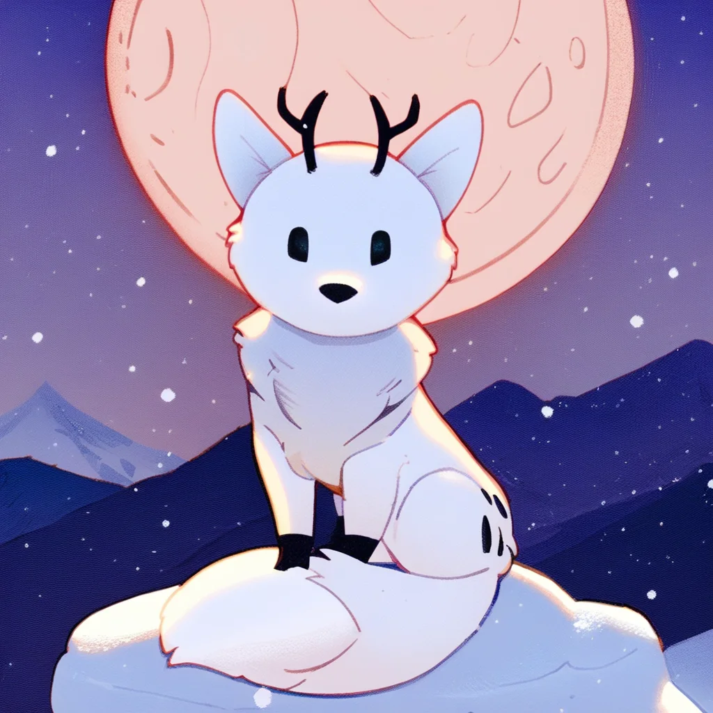 score_9, score_8_up, score_8, furry, Twig, fox, antlers, white fur, black eyes, cartoon style, 2d, feral, solo, sitting, looking at viewer, outside, full moon, snowy, mountain range in background, night