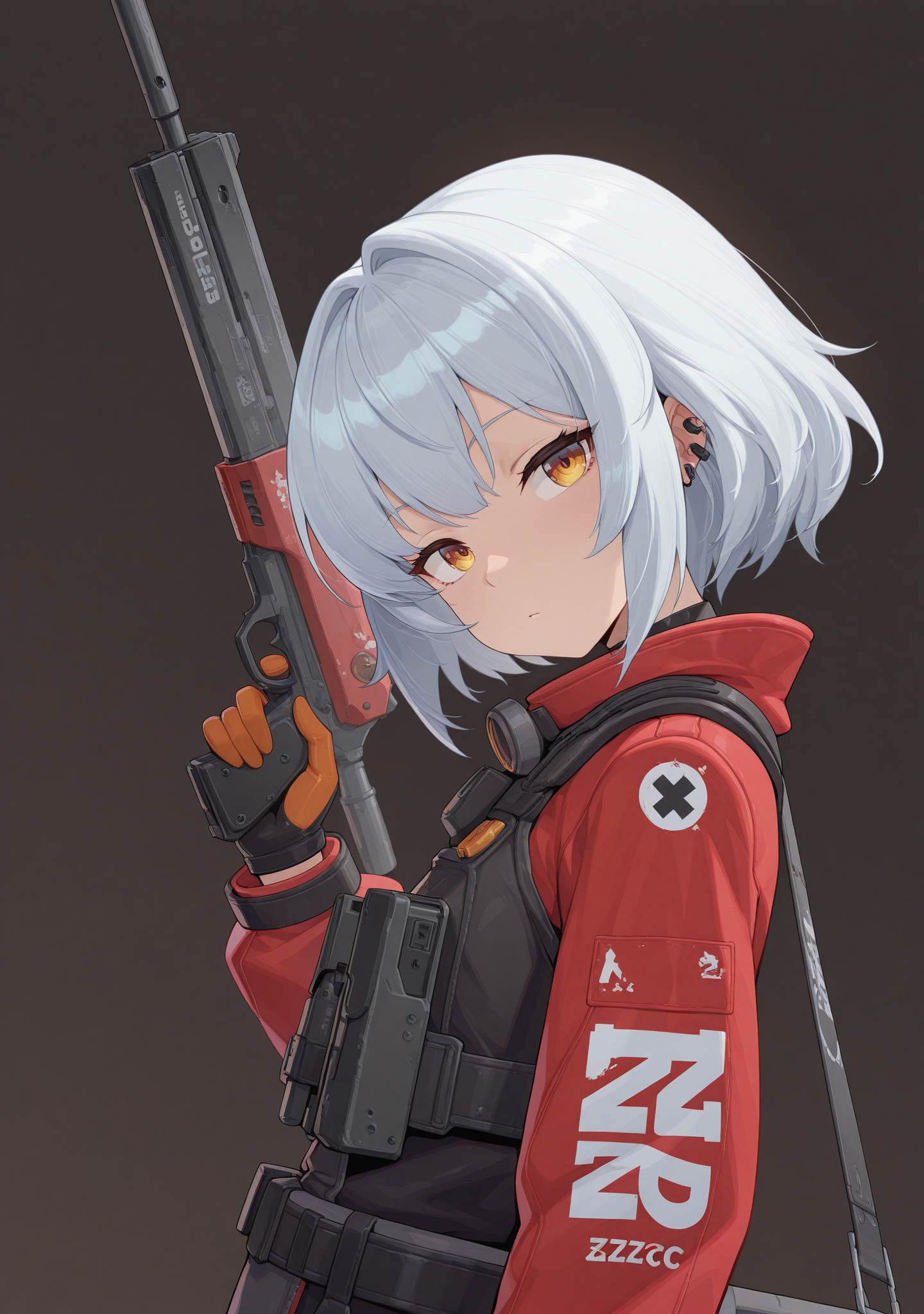 masterpiece,best quality,amazing quality,
<lora:zzzcc:1>,zzzcc,simple background,
1girl,looking at viewer,holding gun,head tilt,dutch angle,from side,