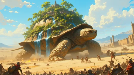 A huge turtle, on the back shell of the turtle is a huge paradise like island, at the edge of the island are waterfalls that flow down from the turtle, the turtle walks across a huge barren desert and fights against an midage army who fights again the turtle with catapults, they try to climb up the legs of the turtle, but are falling down, a huge and long manbuild stone wall is supposed to block the turtle's path, The turtle spits fire against the wall,