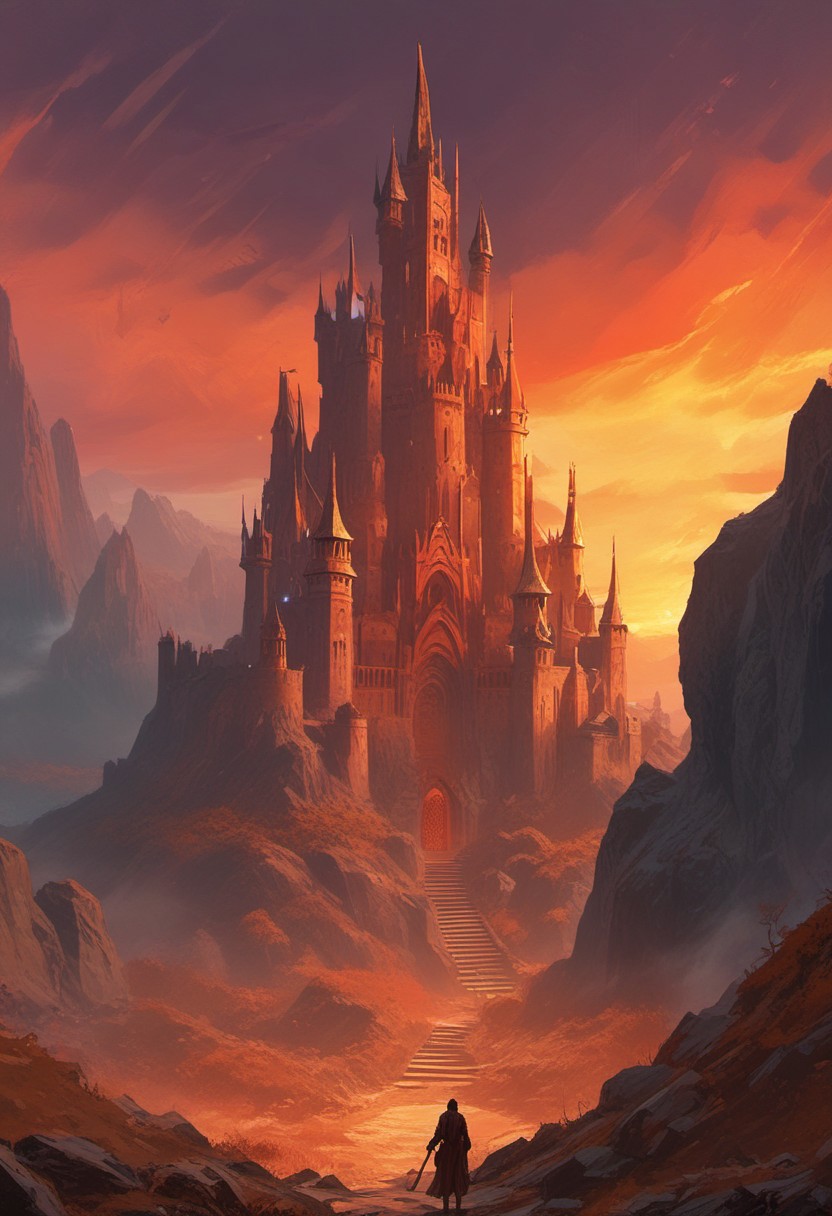 Game Design Fantasy Literature  Elden Ring epic fantasy, mystery, arcane, , Fantasy Literature, often for magical worlds, mythical creatures, or fantastical adventures., Designing video games, often focusing on gameplay, graphics, story, and user experience.giant castle, orange sky, rain