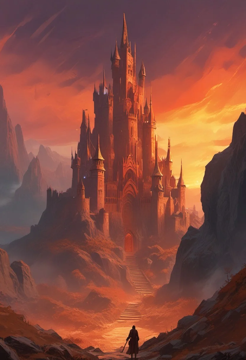 Game Design Fantasy Literature Elden Ring epic fantasy, mystery, arcane, , Fantasy Literature, often for magical worlds, mythical creatures, or fantastical adventures., Designing video games, often focusing on gameplay, graphics, story, and user experience.giant castle, orange sky, rain