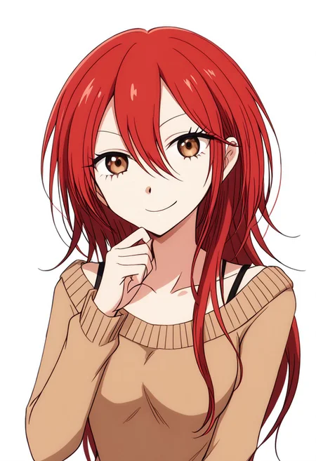 anime screencap, anime coloring,
simple background, white background,
BREAK
1girl, solo, 鬼灯ハル, haru, red hair, long hair, brown eyes, sweater,
smirk