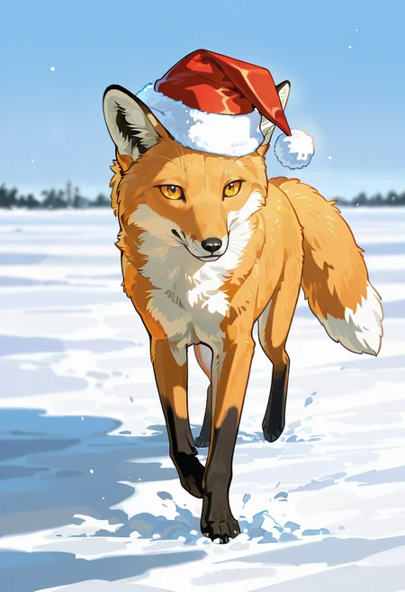 fox,no humans, snow,santa hat,