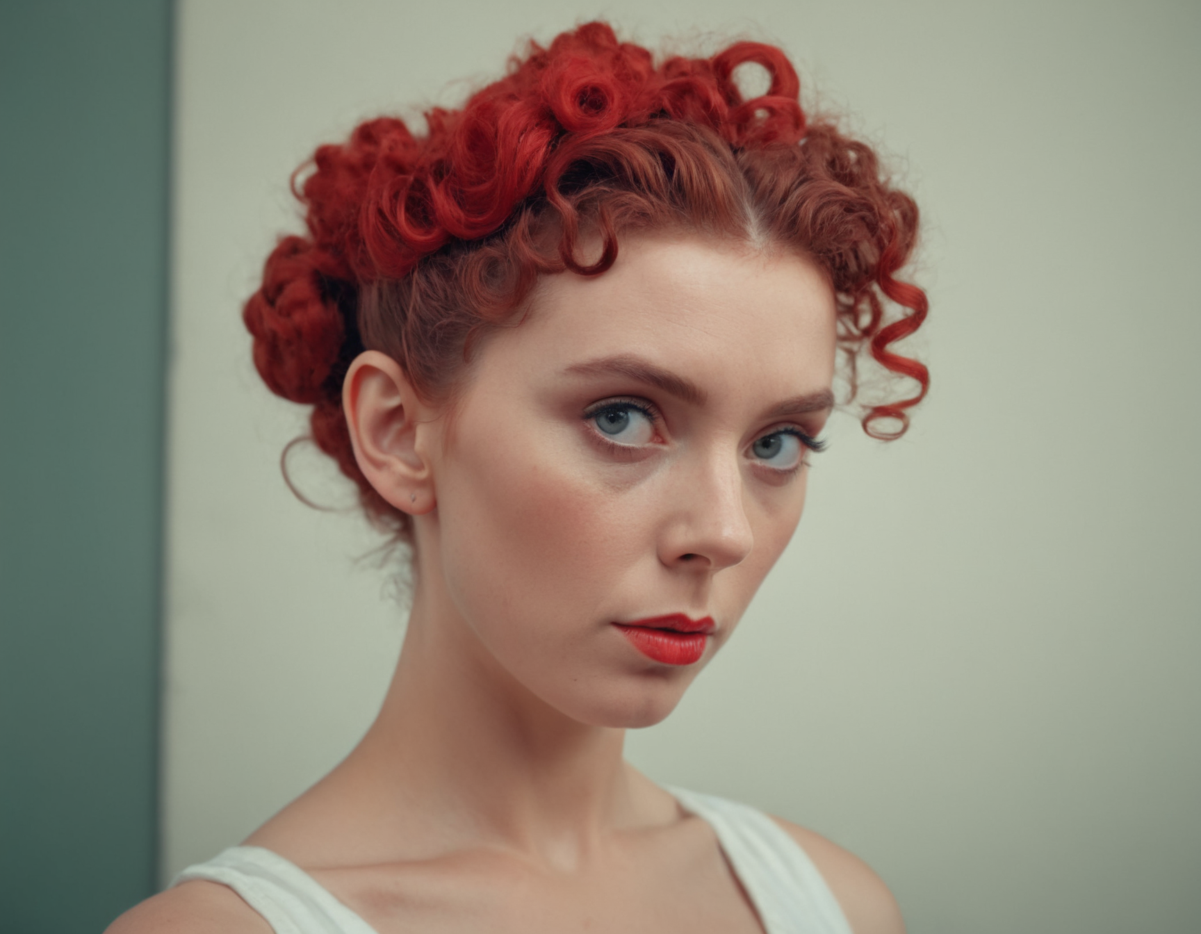 cinematic photo analog style portrait of an Digital art of northern irish woman with Red Chignon hair , photorealistic, curly hair, highly detailed, artstation, smooth, sharp focus, art by michael whelan, artgerm, Darek Zabrock . wes anderson movie, still from stanley kubrick movie, 35mm photograph, film, bokeh, professional, 4k, highly detailed <lora:epiCPhotoXL:1>